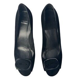 Stuart Weitzman Shoe Bow Peep Toe Pump Black Suede Size 9.5 M 3" Heel
